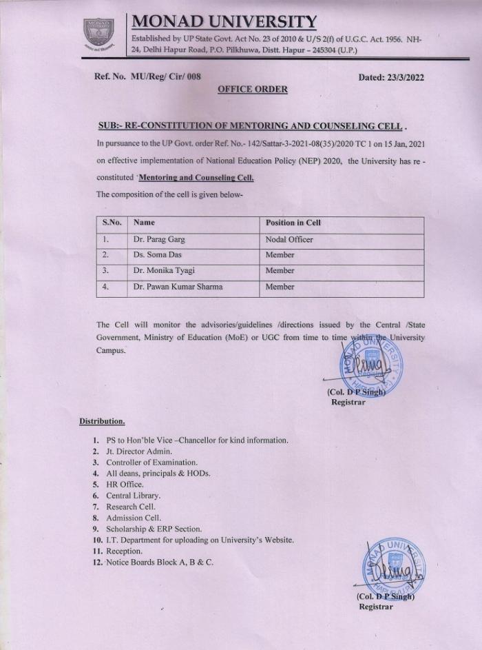 Re-Constitution of Mentoring & Counselling Cell